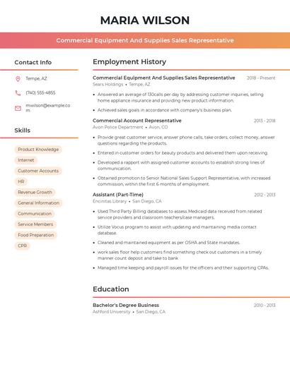 Commercial Equipment And Supplies Sales Representative Resume