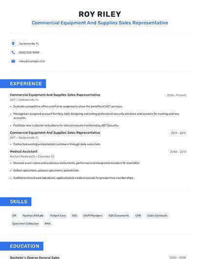 Commercial Equipment And Supplies Sales Representative Resume