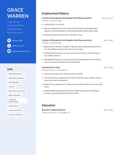 Commercial Equipment And Supplies Sales Representative Resume