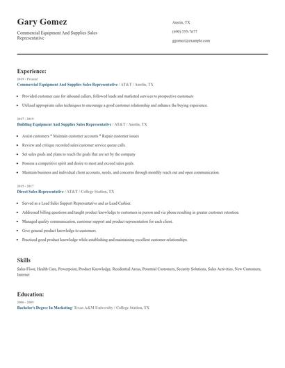 Commercial Equipment And Supplies Sales Representative Resume