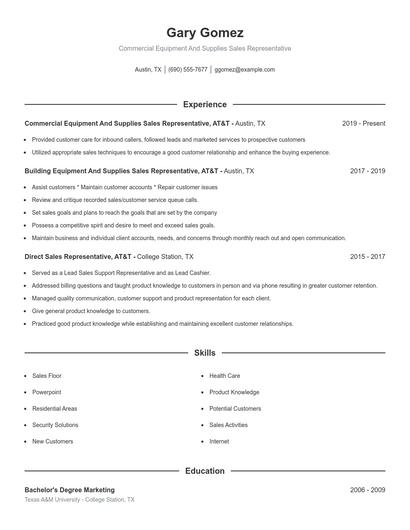 Commercial Equipment And Supplies Sales Representative Resume