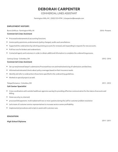 Commercial Lines Assistant Resume