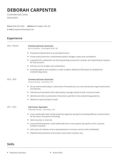 Commercial Lines Assistant Resume