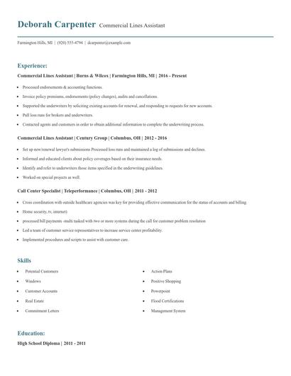 Commercial Lines Assistant Resume