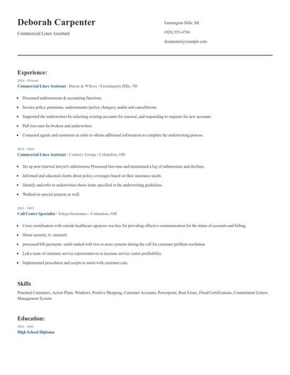 Commercial Lines Assistant Resume