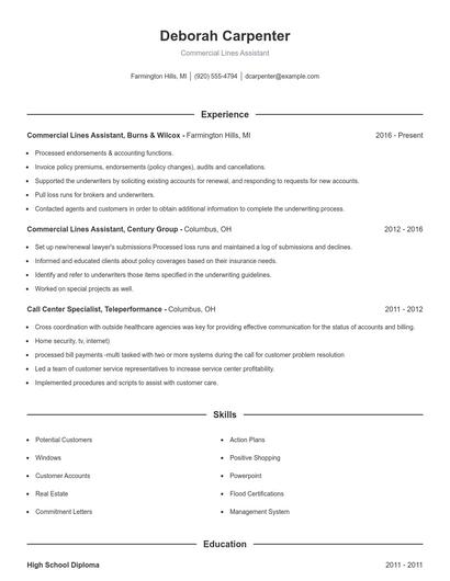 Commercial Lines Assistant Resume