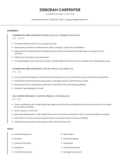 Commercial Lines Assistant Resume