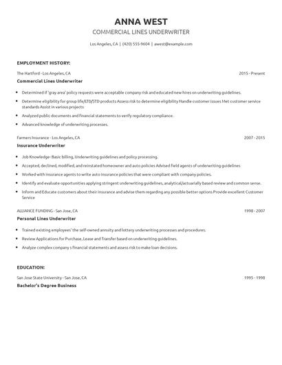 Commercial Lines Underwriter Resume