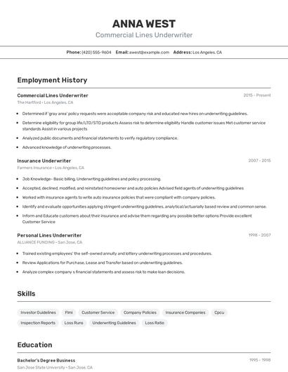 Commercial Lines Underwriter Resume