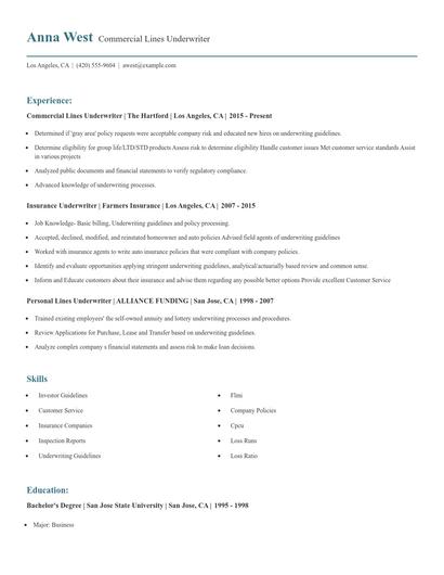 Commercial Lines Underwriter Resume