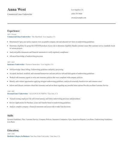 Commercial Lines Underwriter Resume