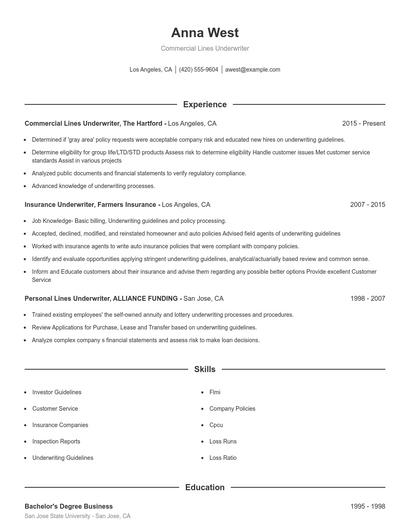 Commercial Lines Underwriter Resume