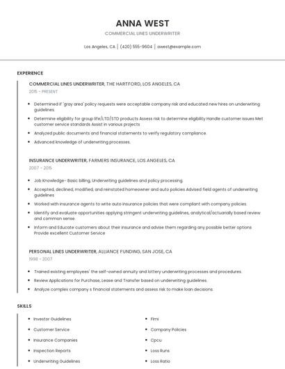 Commercial Lines Underwriter Resume