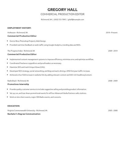 Commercial Production Editor Resume