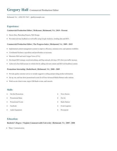 Commercial Production Editor Resume