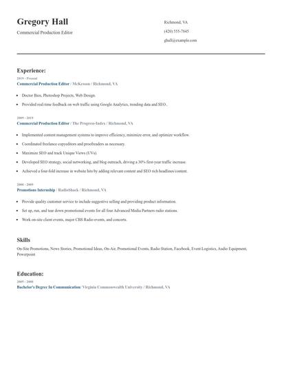 Commercial Production Editor Resume