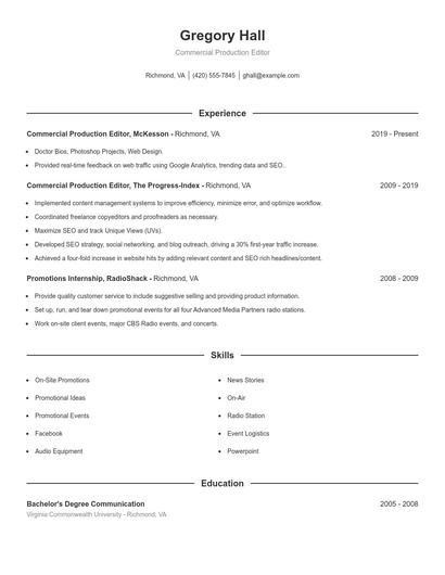 Commercial Production Editor Resume