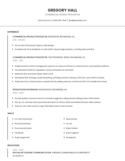 Commercial Production Editor Resume