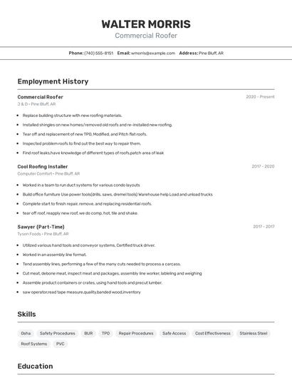 Commercial Roofer Resume