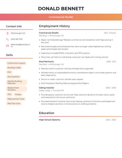 Commercial Roofer Resume