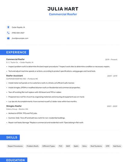 Commercial Roofer Resume