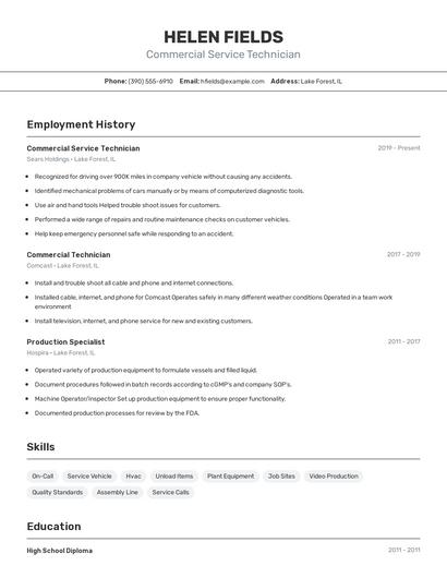Commercial Service Technician Resume