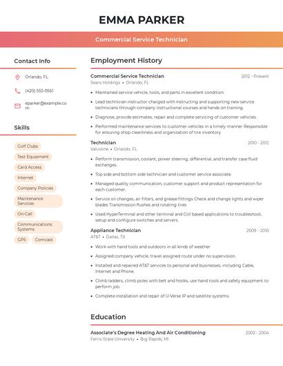 Commercial Service Technician Resume