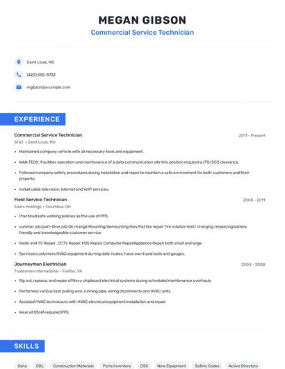 Commercial Service Technician Resume