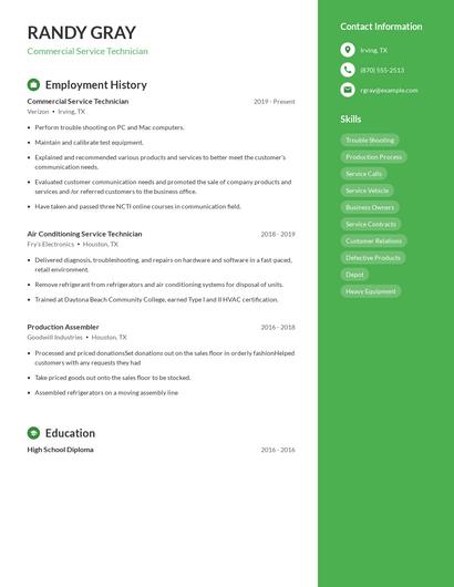 Commercial Service Technician Resume
