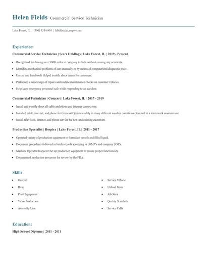 Commercial Service Technician Resume