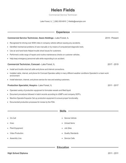 Commercial Service Technician Resume