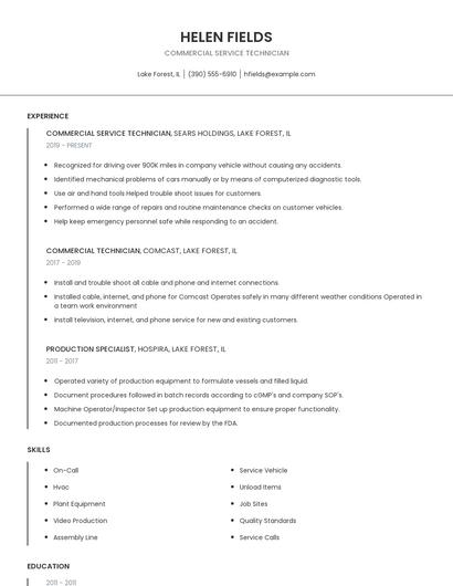 Commercial Service Technician Resume