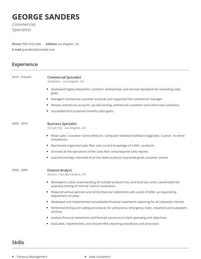 Commercial Specialist Resume