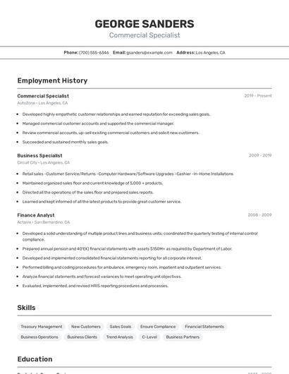Commercial Specialist Resume