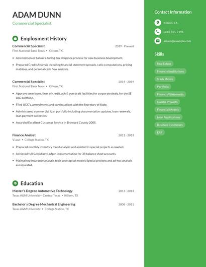 Commercial Specialist Resume