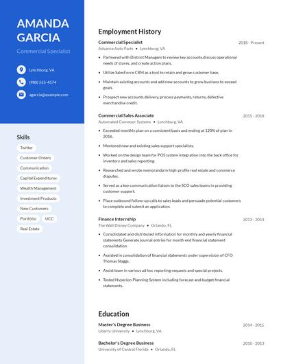 Commercial Specialist Resume