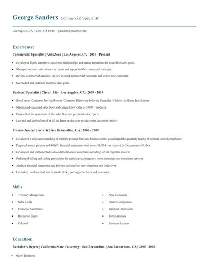 Commercial Specialist Resume