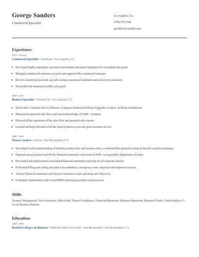 Commercial Specialist Resume