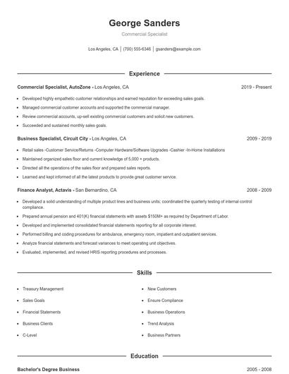 Commercial Specialist Resume