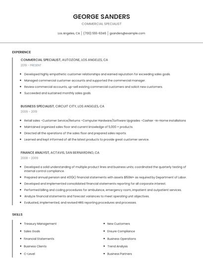 Commercial Specialist Resume
