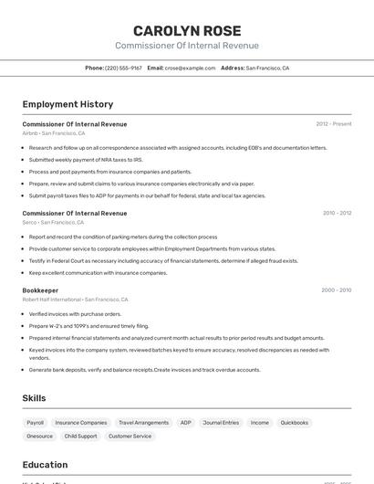 Commissioner Of Internal Revenue Resume