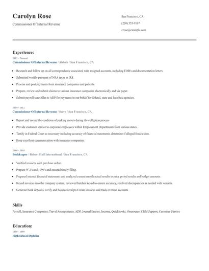 Commissioner Of Internal Revenue Resume