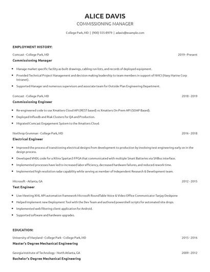 Commissioning Manager Resume