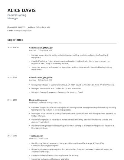 Commissioning Manager Resume
