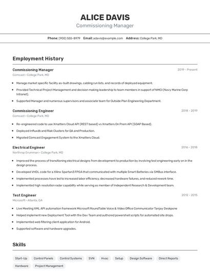 Commissioning Manager Resume