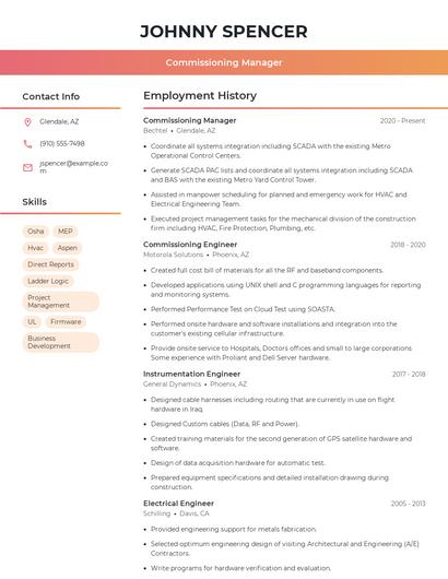 Commissioning Manager Resume