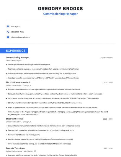 Commissioning Manager Resume