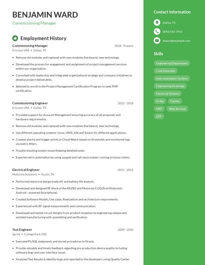 Commissioning Manager Resume