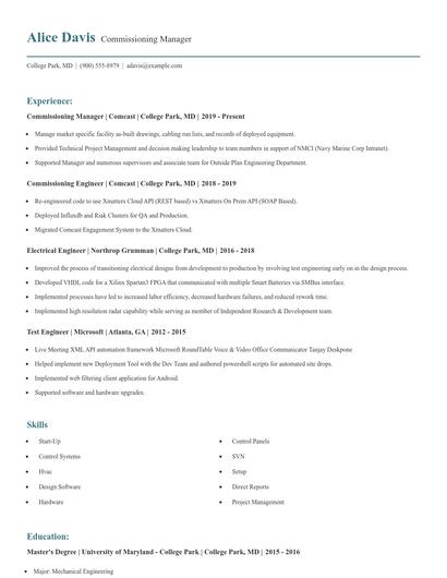 Commissioning Manager Resume