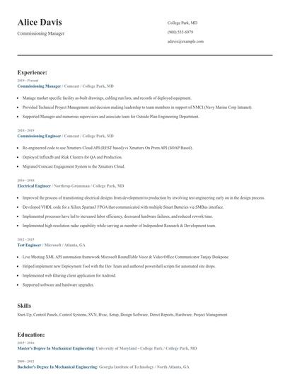 Commissioning Manager Resume